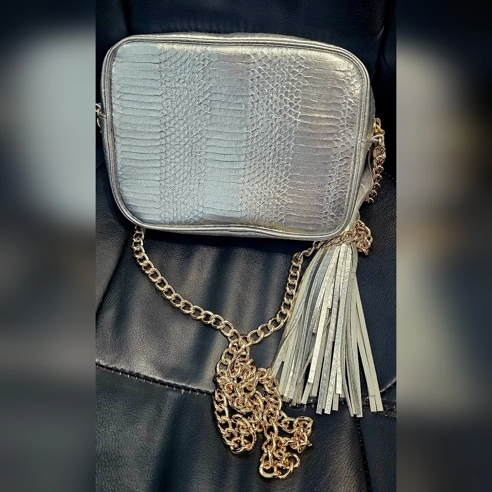 Victoria's Secret Metallic Silver Faux Snake skin  Gold Chain Crossbody bag